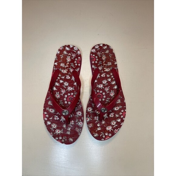 Coach Abigail Red Floral Flip Flops 7-8 - Picture 2 of 15